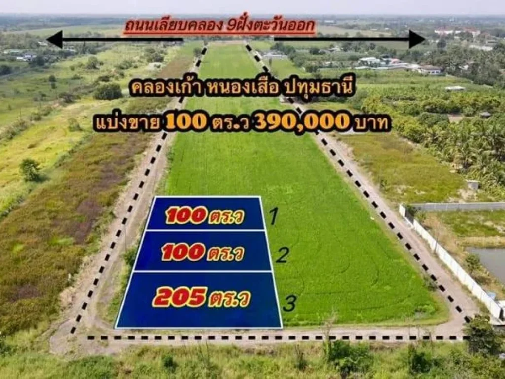 ที่ดินคลอง 9 หนองเสือ ปทุมธานี แบ่ง 100 ตารางวา 390000 บาท