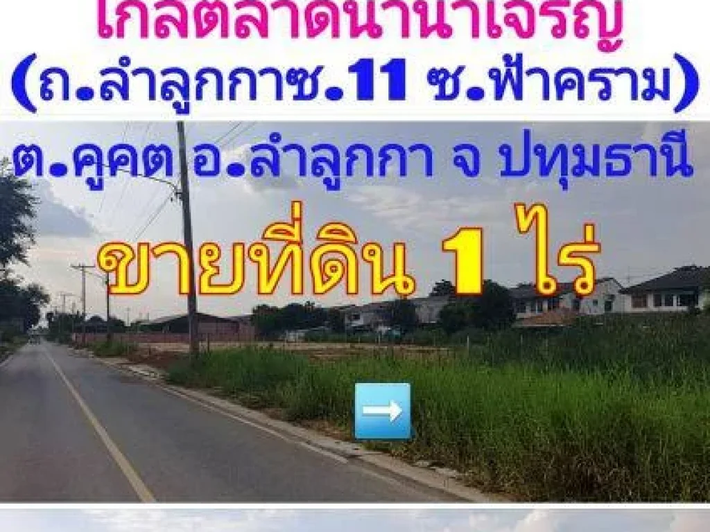 ขายที่ดิน 1 ไร่ ติดถรังสิต-นครนายกซ56 ซวัดจันทร์สุข ใกล้ตลาดนานาเจริญ ตคูคต อลำลูกกา จปทุมธานี