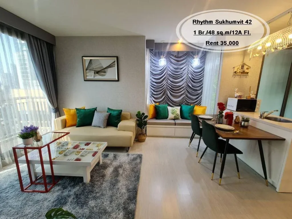 เช่า- Rhythm Sukhumvit 421 ห้องนอน 48 ตรม ชั้น 12A ใกล้ BTS เอกมัย เช่า 35000