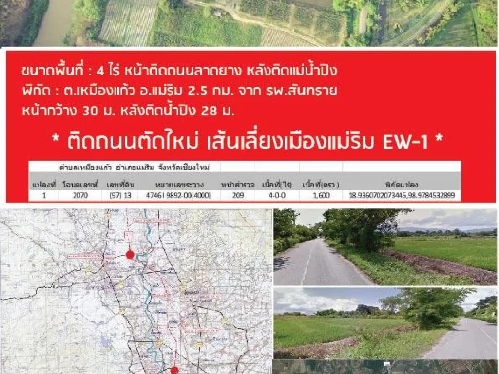 4 ไร่ติดแม่น้ำปิง ติดถนนเส้นตัดใหม่ 8500ตรว