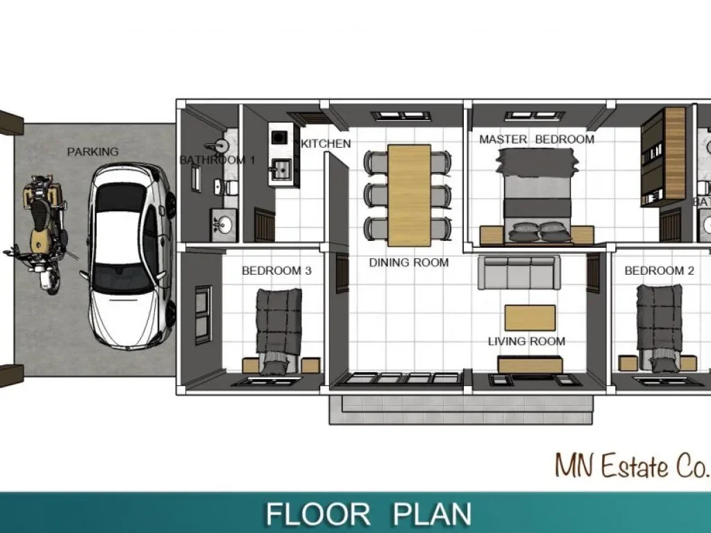 บ้านเดี่ยว 3 ห้องนอน 2 ห้องน้ำ 2 ที่จอดรถ