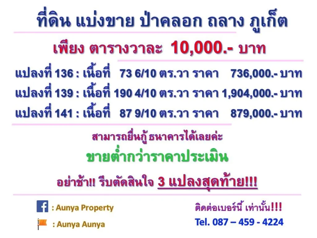 ที่ดินแบ่งขาย ป่าคลอก ภูเก็ต Tel087 459 4224