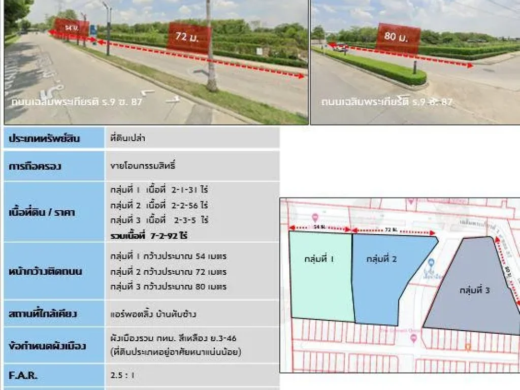 ขายที่ดินถนนเฉลิมพระเกียรติ ร9 ซ87 เนื้อที่ 7 ไร่ 2 งาน 92 ตรว