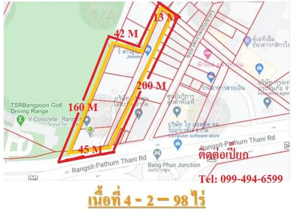 ขายที่ดินถนนรังสิต ปทุมธานี 4-2-98 ไร่ สำหรับพัฒนาตึก อาคารพาณิชย์ คอนโด อาพาทเม้นท์ย่านนี้