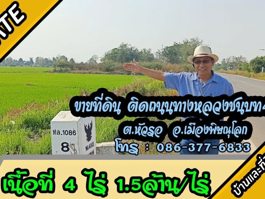 ขายที่ดิน 4 ไร่ ติดถนนลาดยาง 4003 ตรงข้ามวัดท่าทรุด ตหัวรอ อเมืองพิษณุโลก ขาย15ล้านต่อไร่