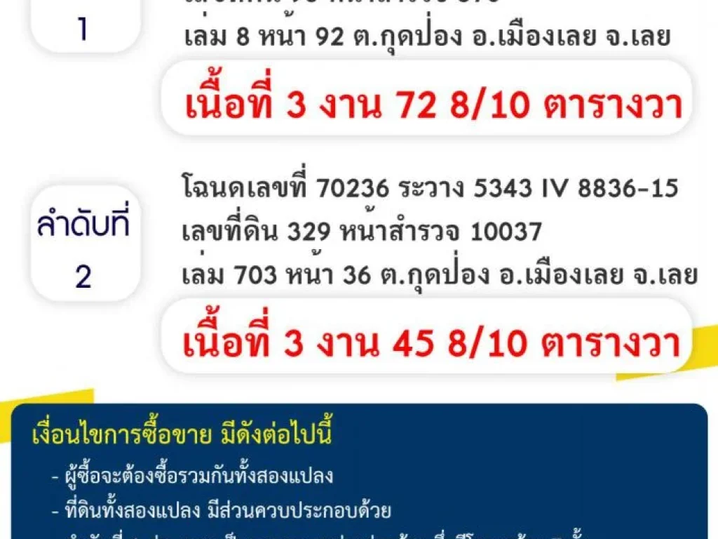 ขายที่ดิน ราคาเสนอขายทั้ง 2 แปลง รวมส่วนควบ จังหวัดเลย