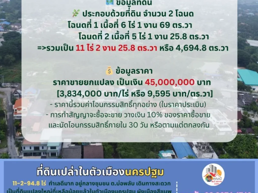 ขายที่ดินเปล่ากลางเมืองนครปฐม 11-2-948 ไร่ บ่อพลับ3 ซอย1