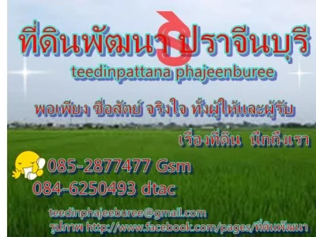 ที่ดินโฉนดน้ำไม่ท่วม 1-5 ไร่ งบประมาณ 150000-750000 บาทไฟฟ้าประปาพร้อม จปราจีนบุรี