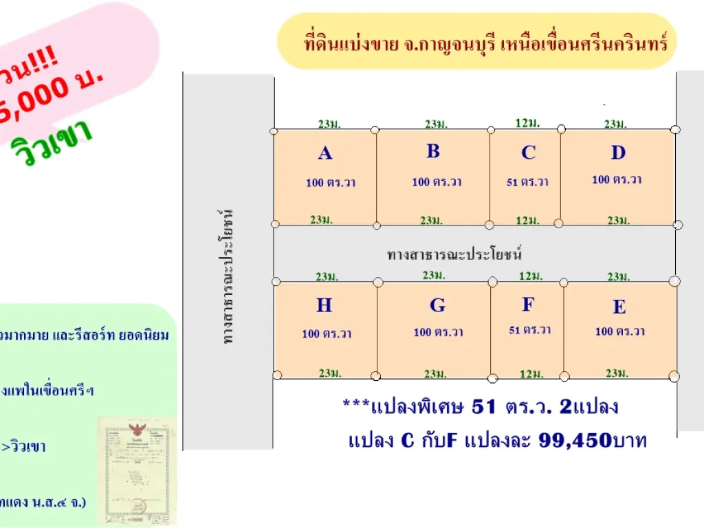 ที่โฉนด แปลงละ 195000 บ เขื่อนศรีนครินทร์ กาญจนบุรี