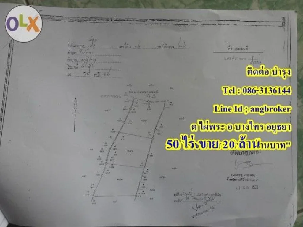 ขายที่ดินอำเภอบางไทร อยุธยา 50ไร่ๆละ 4แสน ขาย--gt 20ล้าน