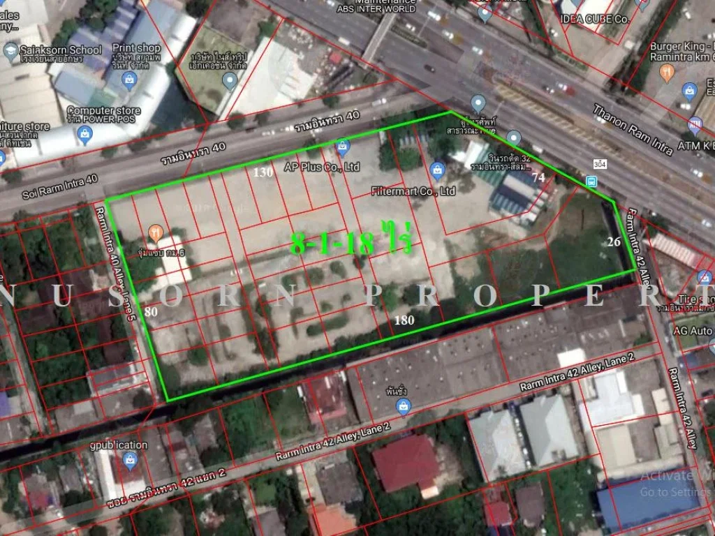 ขายที่ดิน 8-1-18 ไร่ ติดถนนรามอินทรา หัวมุมซอย 40 ด้านหน้า กว้างติดถนนรามอินทรายาว 74 เมตร ด้านข้าง ติดถนนรามอินทรา ซอย