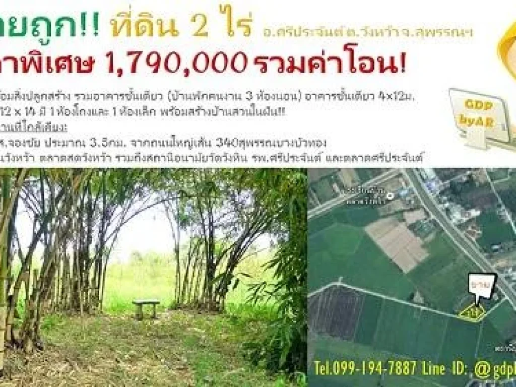 ขายถูกที่ดิน 2 ไร่ ตวังหว้า อศรีประจันต์ จสุพรรณบุรี