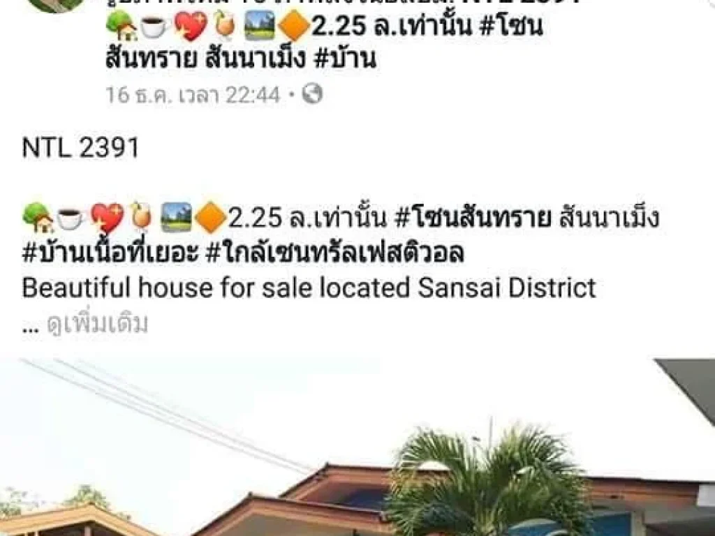 225 ลเท่านั้น โซนสันทราย สันนาเม็ง บ้านเนื้อที่เยอะ ใกล้เซนทรัลเฟสติวอล