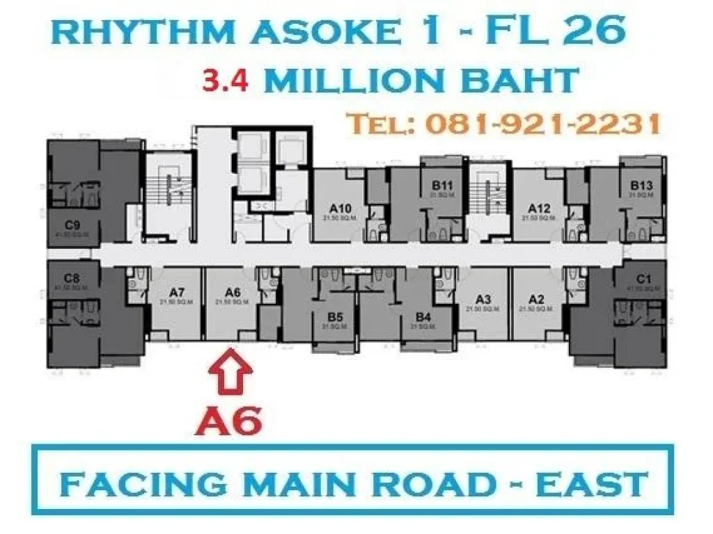 ขายคอนโด Rhythm Asoke 1 ชั้น 26 ห้อง A6 ห้องสตูดิโอ 22 ตรม หันหน้า ตวอ วิว Super Tower ขายด่วน 34 ล้านบาท โทร 081-92