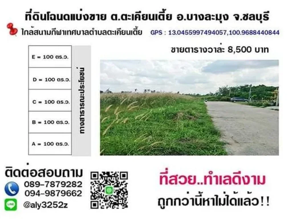 ที่ดินแบ่งขาย แปลงละ 100 ตารางวา ราคาเพียง 850000 บาท ราคาถูกกว่าแปลงข้างเคียง