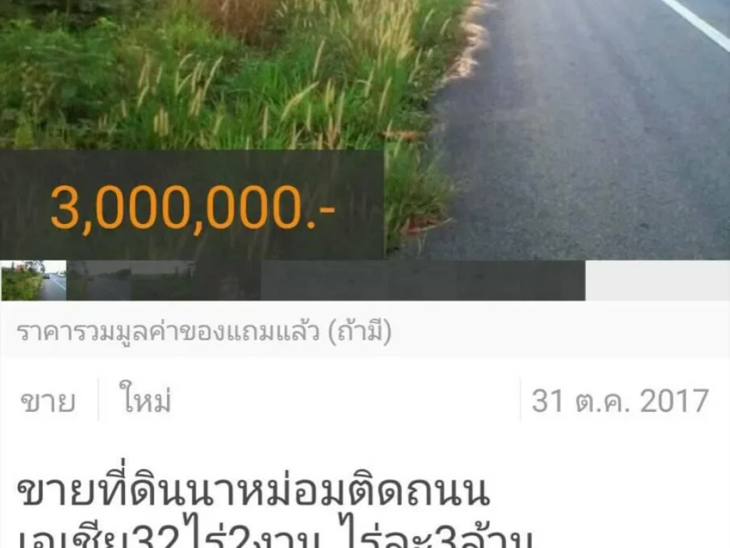 ขายที่ดินนาหม่อมติดถนนเอเชีย32ไร่2งานไร่ละ3ล้าน