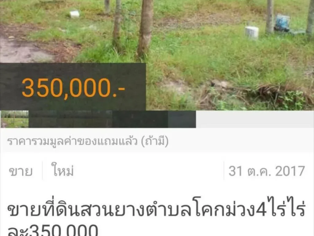 ขายที่ดินสวนยางตำบลโคกม่วง4ไร่ไร่ละ350000