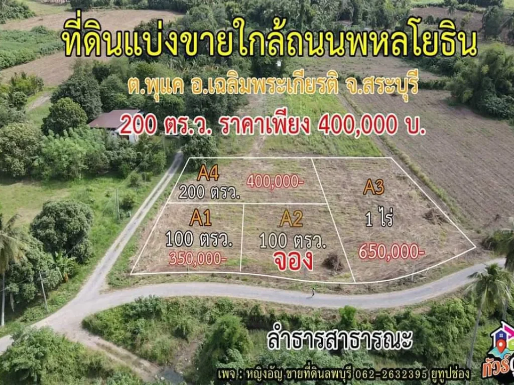 ที่ดินจัดสรรแบ่งขาย ใกล้ถนนพหลโยธิน เพียง 600 เมตร ก่อนถึง รรเทพศิรินทร์พุแค เนื้อที่ 200 ตรว ราคา 400000 บาท