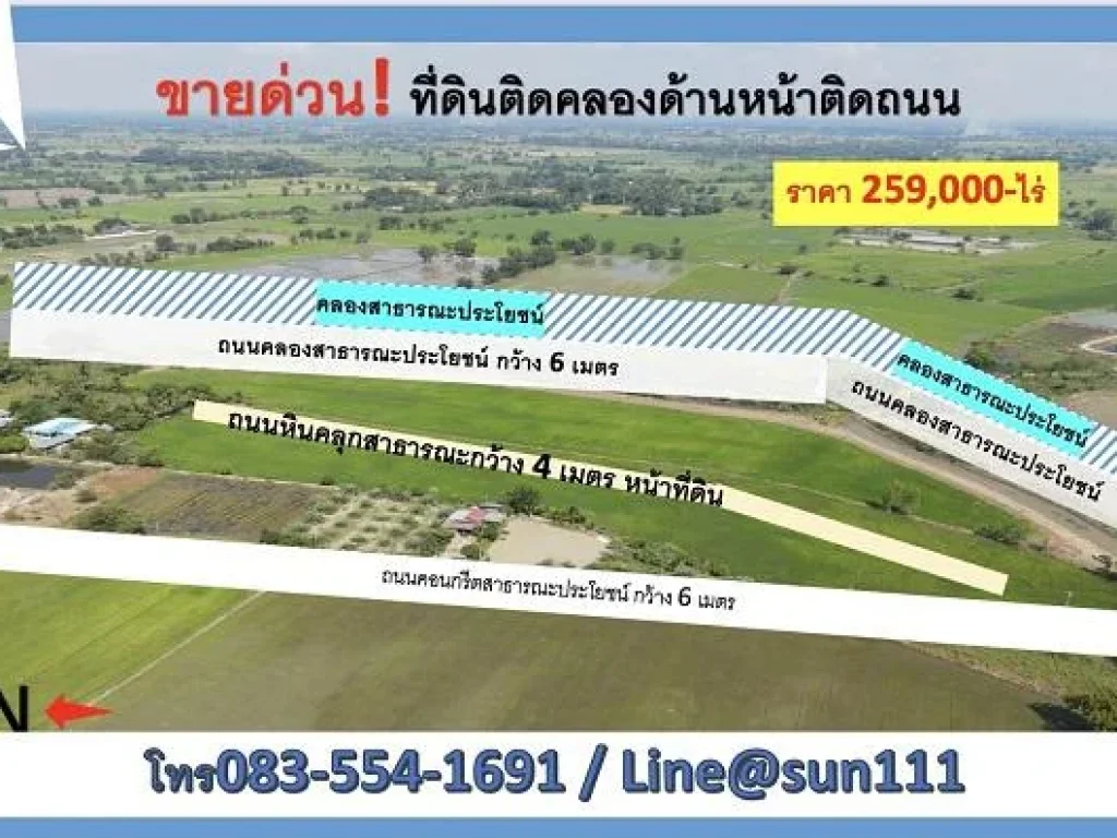 ขายที่ดินติดคลอง ด้านหน้าติดถนน ด้านหลังติดคลองชลประทาน ใกล้แหล่งชุมชน ER081-050