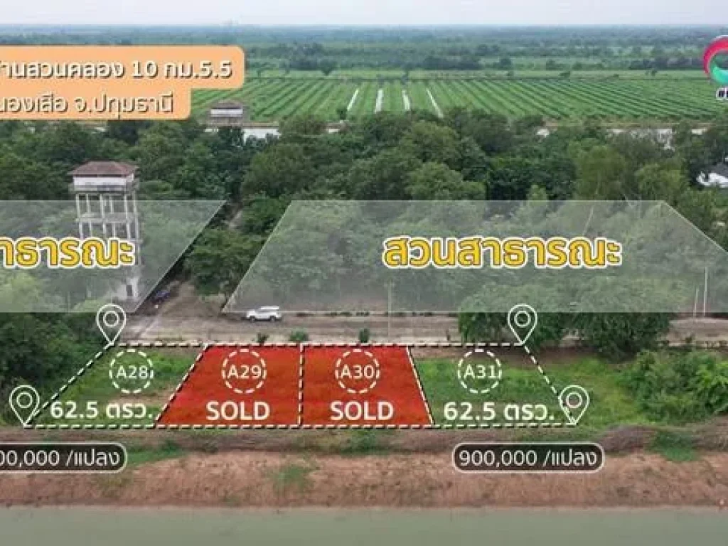 ขายที่ดินผ่อนได้ คลอง10 น้ำไฟถนนพร้อม 9แสน625ตรว