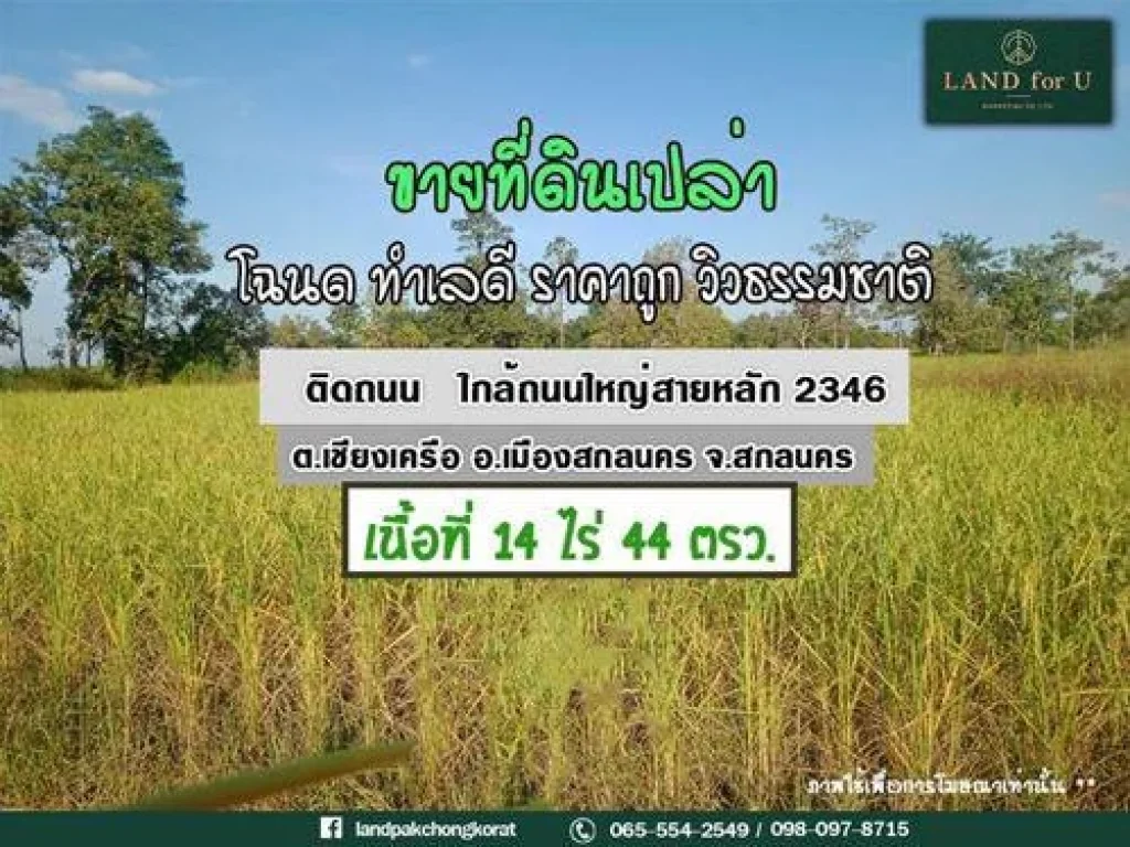 ขายที่ดินสกลนคร ที่ดินติดถนนหลักหมายเลข2346 ใกล้ปั๊มน้ำมัน PT11กม