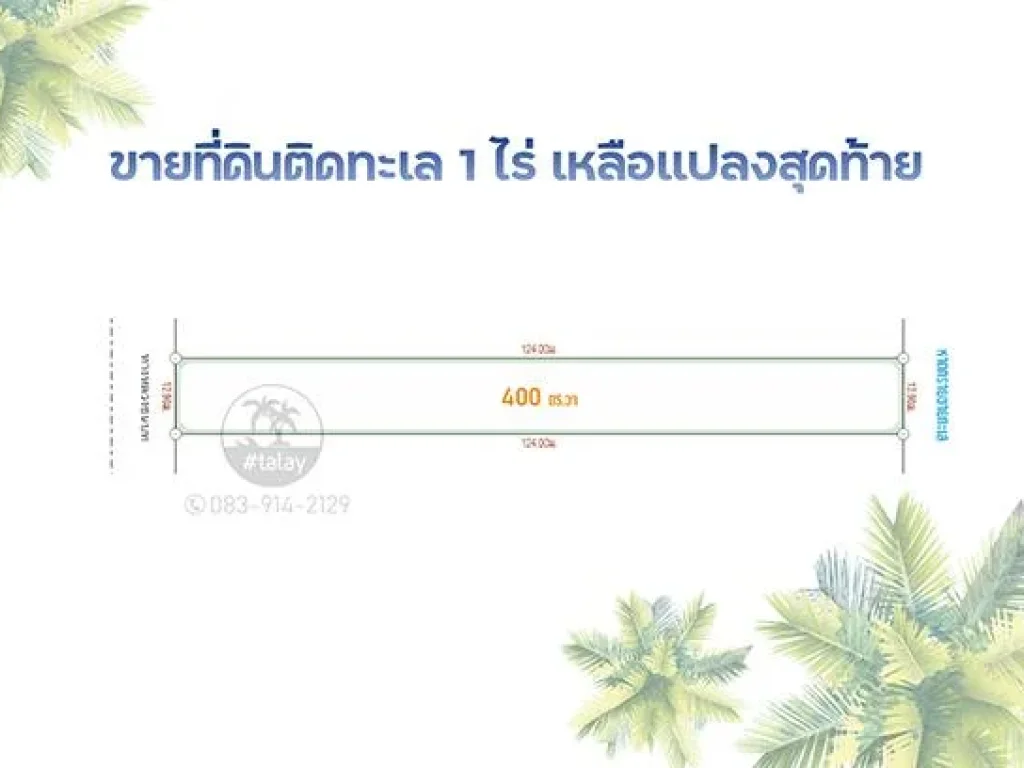 ขายที่ดินติดทะเลราคาถูก 1 ไร่ 65 ล้าน โฉนด