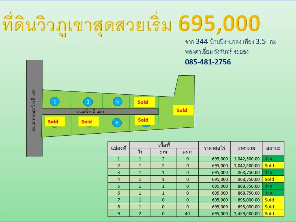 ที่ดิน วิวเขาสวยที่สุดในวังจันทร์ 1 ไร่ 695แสน ติดถนนดำ