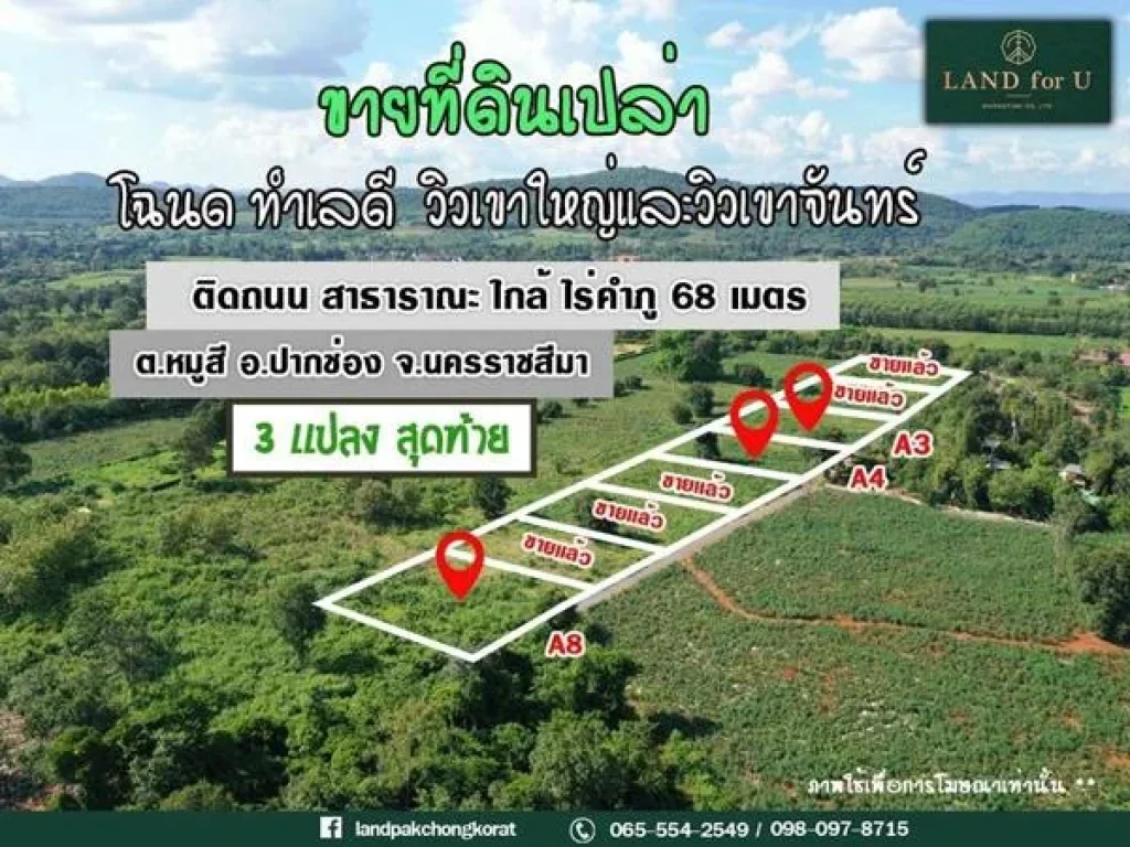 ขายที่ดินเขาใหญ่ ที่ดินแบ่งแปลงเขาใหญ่ติดถนนวิวภูเขา-บ้านคลองปูน ด้านหน้าติดถนนลาดยาง มองวิวเขาใหญ่และวิวเขาจันทร์