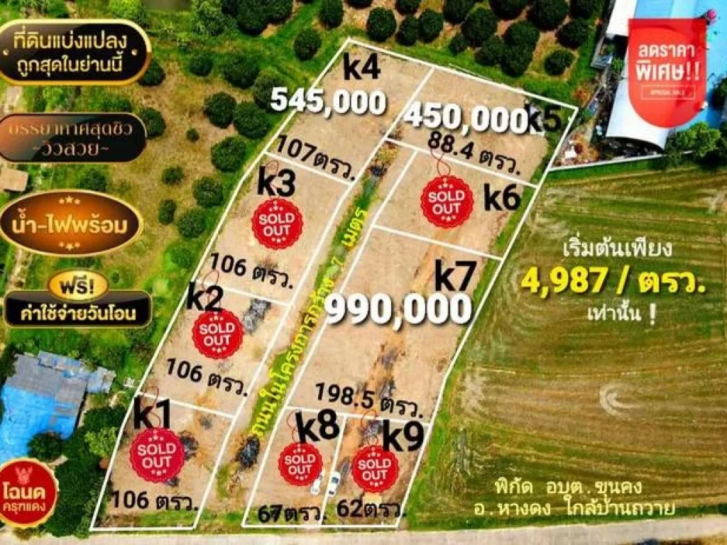 ขายที่ดินเริ่ม 88ตรวฟรีโอน น้ำไฟ ใกล้บ้านถวาย ชม