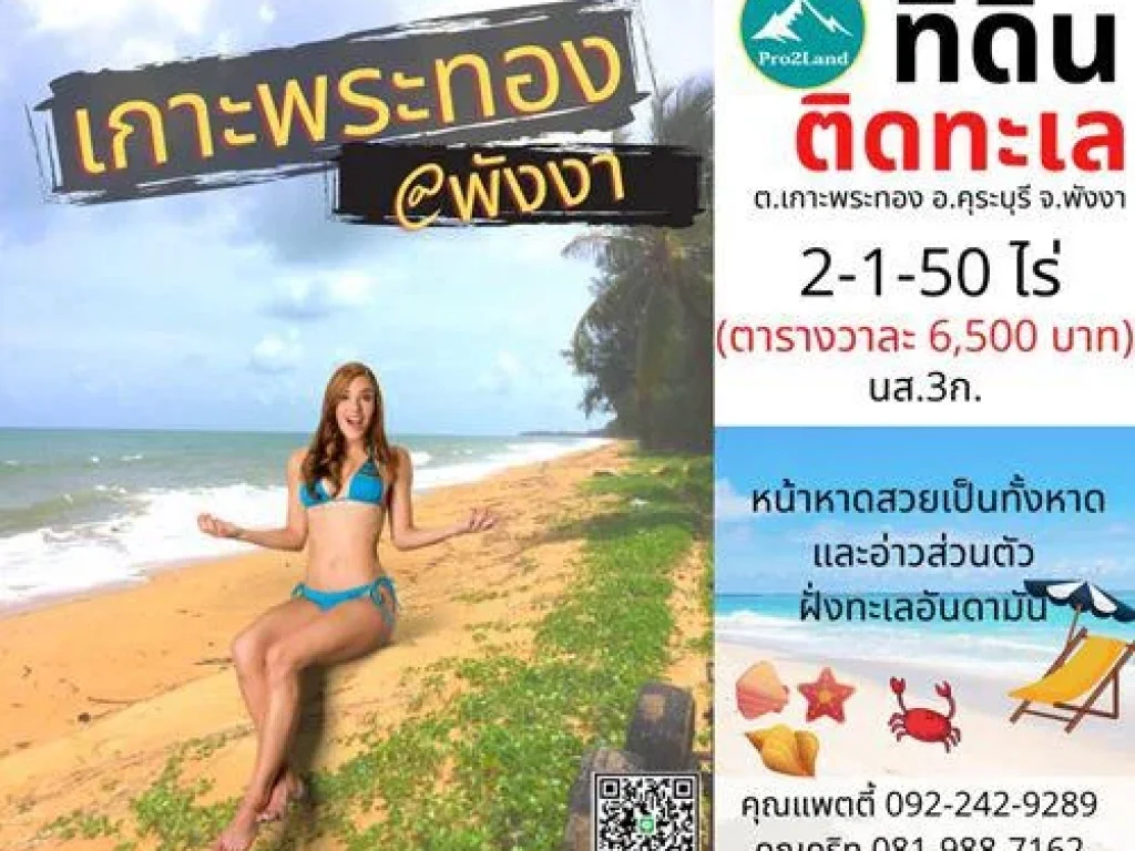 ขายที่ดินติดทะเล ติดหาด 2-1-50ไร่ เกาะพระทอง อคุระบุรี จพังงา ตรวละ 6500บาท