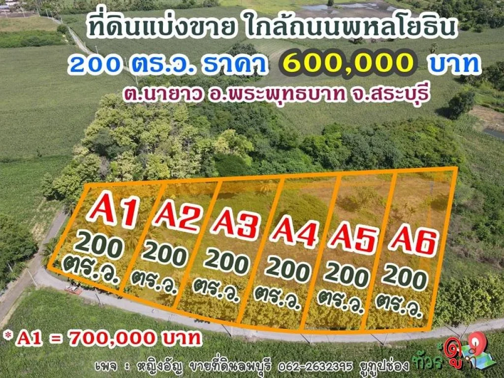 ที่ดินแบ่งขาย ใกล้ถนนพหลโยธิน ใกล้ห้างโรบินสันลพบุรี เนื้อที่ 200 ตรว ราคาเพียง 600000 บาทเท่านั้น