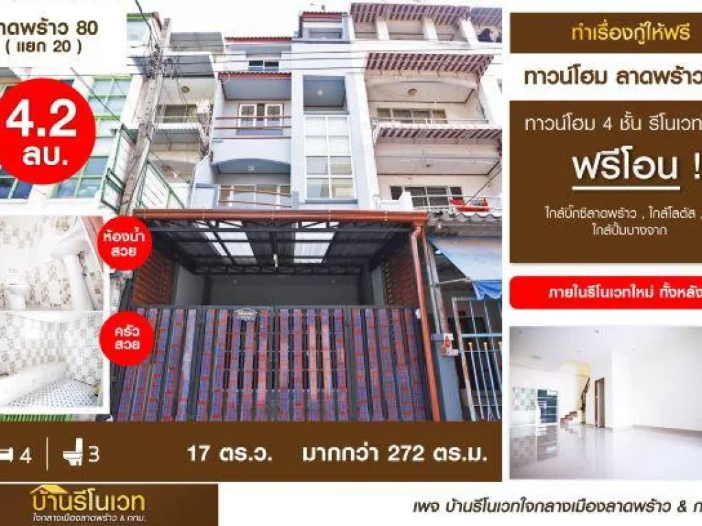 ขายราคาพิเศษ ทาวน์โฮม 4 ชั้น ลาดพร้าว 80 แยก 20