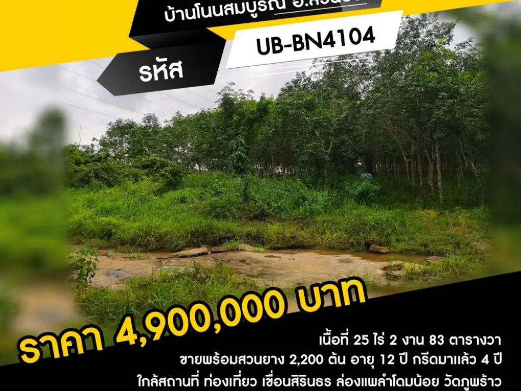 ที่ดินสวนยาง ติดลำห้วย บ้านโนนสมบูรณ์ อสิรินธร