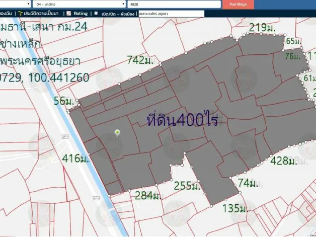 ขายที่ดิน400ไร่ หน้ากว้าง416มติดถนน3111ปทุมธานี-เสนา กม24 ตช่างเหล็ก อบางไทร จอยุธยา