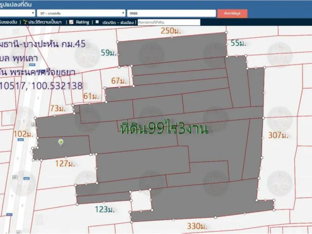 ขายที่ดิน99ไร่3งาน หน้ากว้าง102ม ติดถนน347ปทุมธานี-บางปะหัน กม45 ตพุทเลา อบางปะหัน จอยุธยา