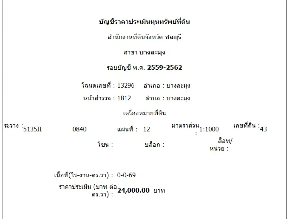 ขายที่ดินต่ำกว่าราคาประเมินกรมที่ดิน70 ประเมิน24000 ขาย 7500ตรวา 69ตรวา ในซอย บางละมุง7 บางละมุง ชลบุรี