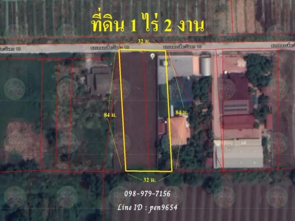 ขายที่ดินสี่เหลี่ยมผืนผ้า 1 ไร่ 2 งาน ปทุมธานี คลองหลวง คลอง 4 ฝั่งตะวันตก ผังสีชมพู