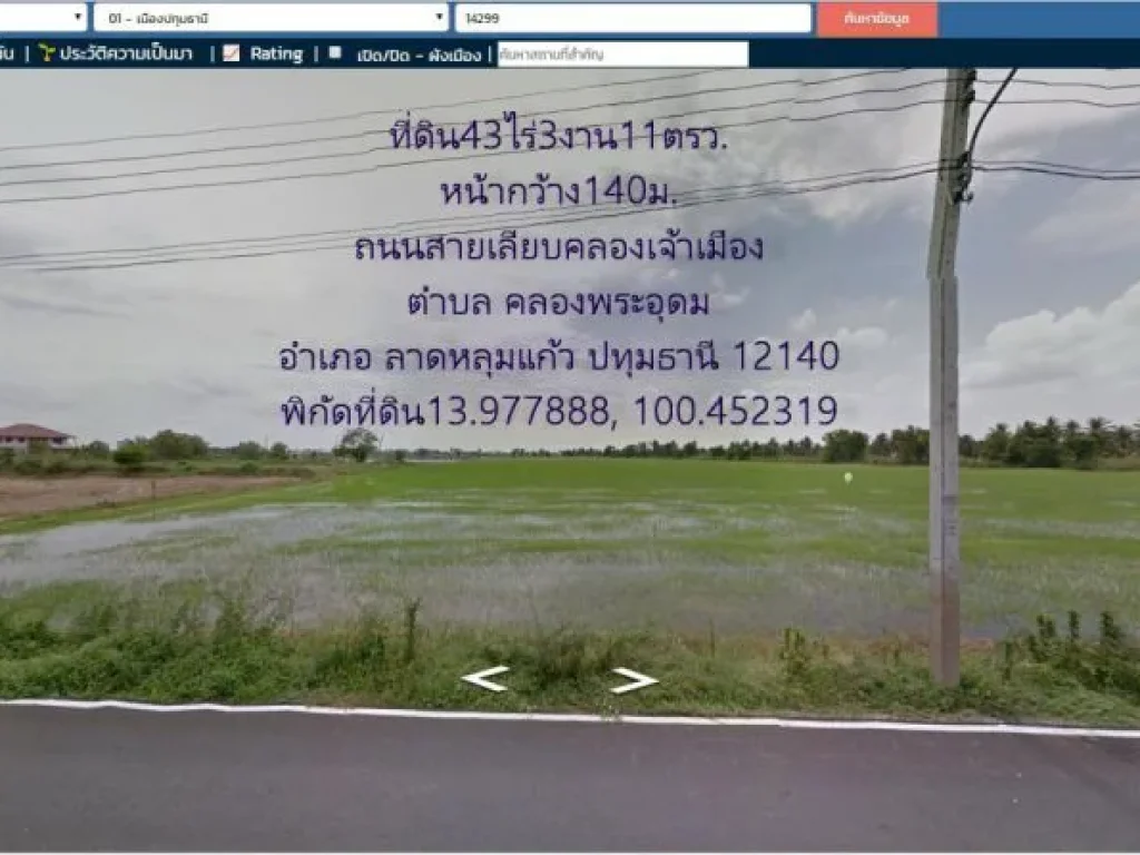 ที่ดิน43ไร่3งาน11ตรว หน้ากว้าง140มติดถนนสายเลียบคลองเจ้าเมือง ตคลองพระอุดม อลาดหลุมแก้ว จปทุมธานี