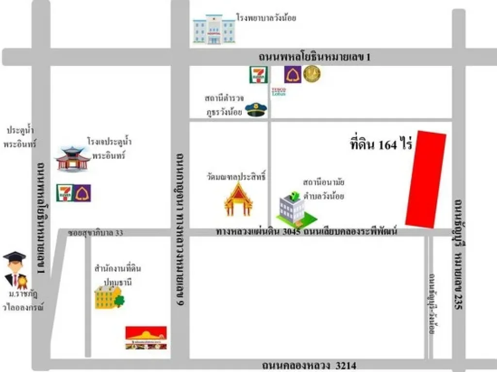 ขายที่ดิน 164-2-0 ไร่ ติดถนนเลียบคลองระพีพัฒน์แยกตก อวังน้อย จพระนครศรีอยุธยา ห่างถนนธัญบุรี หมายเลข 352 เพียง 300ม