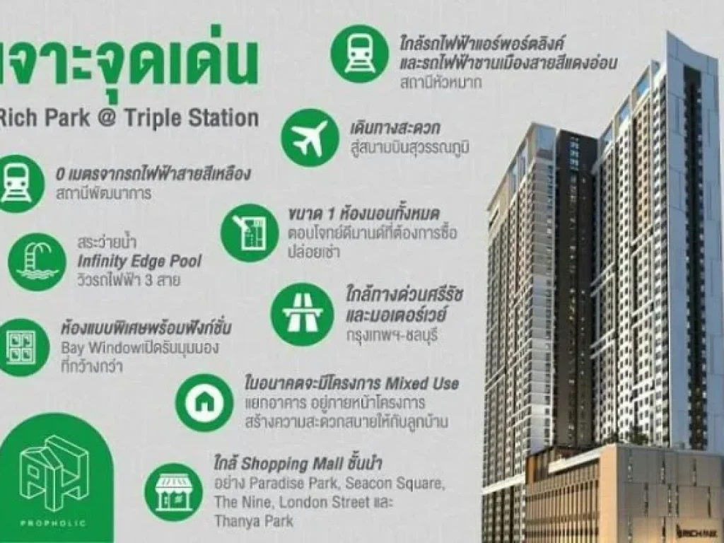 ขายดาวน์คอนโด ริชพาร์ค หัวหมาก Rich Park Triple Station ห้องมุม ใหญ่สุด ทิศ E ใกล้ รถไฟฟ้า หัวหมาก