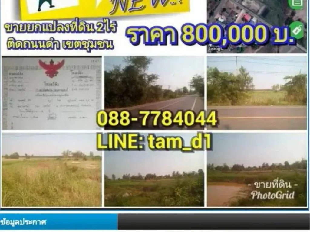 ขายยกแปลงที่ดิน 2ไร่ ติดถนนดำ เขตชุมชน