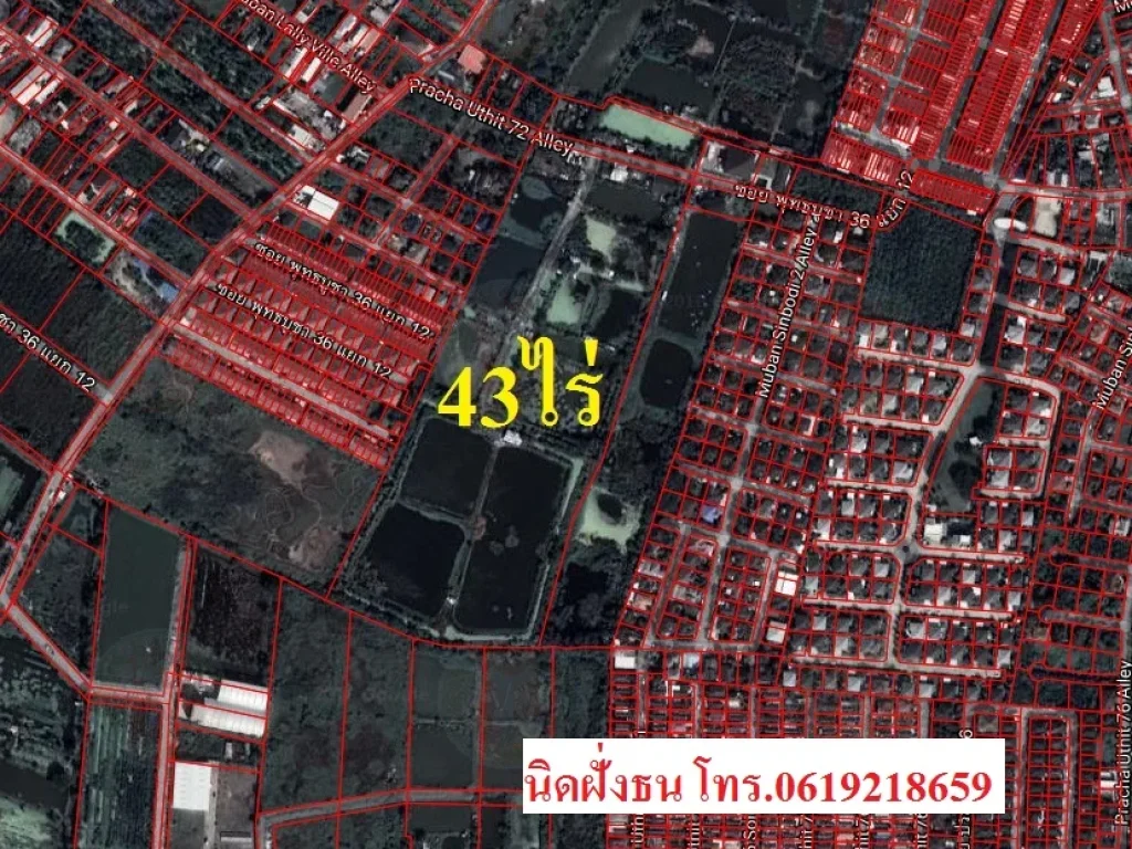 ขายที่ดิน43ไร่ซอยประชาอุทิศ72 หน้ากว้างติดถนน140เมตร แวดล้อมด้วยหมู่บ้านจัดสรรดังๆมากมาย ถนนกว้างขวางเข้าออกได้หลายทาง