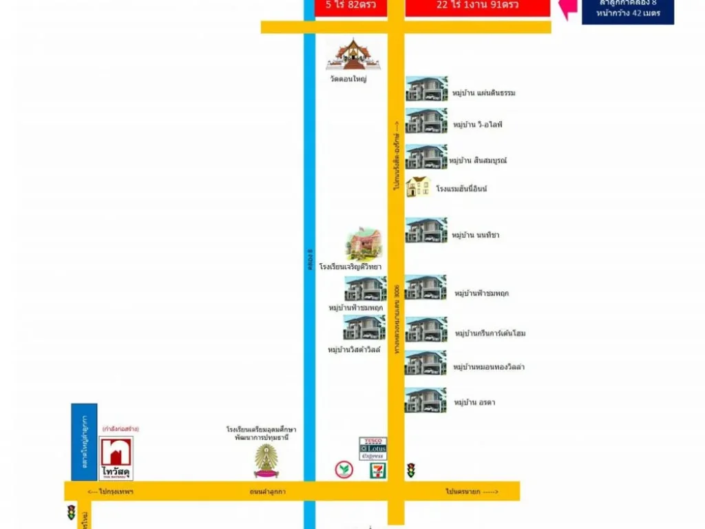 ขายที่ดิน 27ไร่ ลำลูกกา ติดถนนใหญ่เหมาะสำหรับทำโครงการหมู่บ้าน