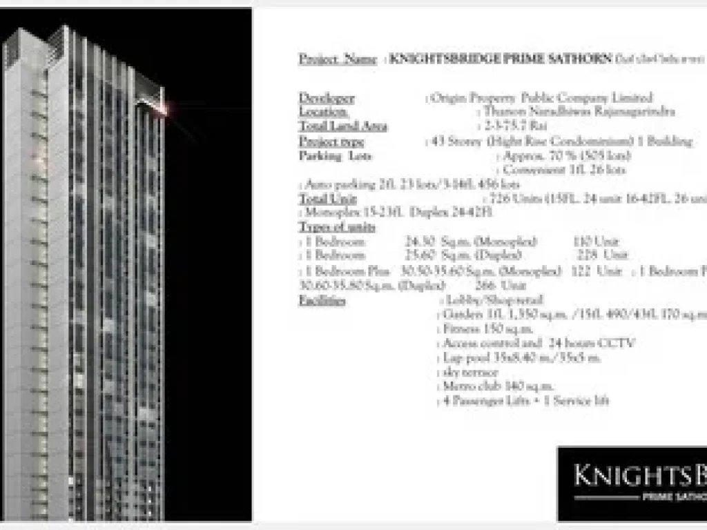 ขายดาวน์ คอนโด Knightsbridge Prime Sathorn ห้อง Duplex 44ตรม ชั้น30 ตำแหน่ง08 เท่าทุน