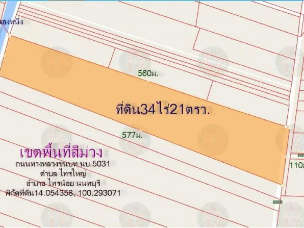 ที่ดิน34ไร่ สีม่วง หน้ากว้าง110มติดถนนทางหลวงชนบท นบ5031 ตไทรใหญ่ อไทรน้อย จนนทบุรี