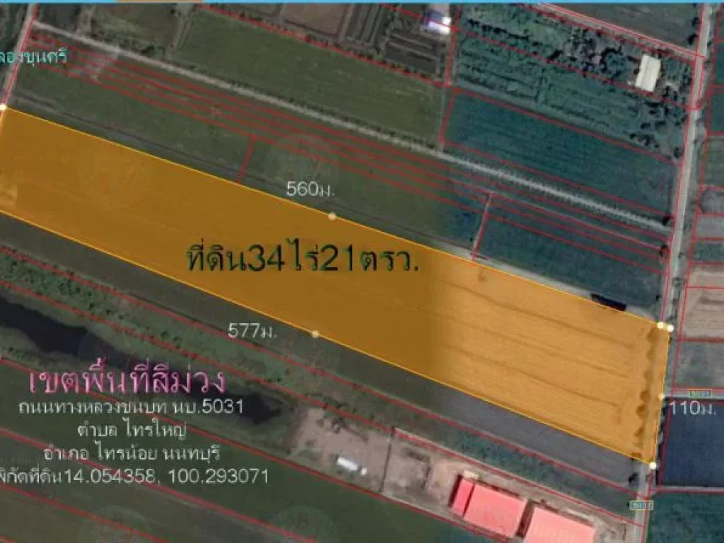 ที่ดิน34ไร่ สีม่วง หน้ากว้าง110มติดถนนทางหลวงชนบท นบ5031 ตไทรใหญ่ อไทรน้อย จนนทบุรี