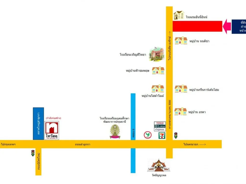 ขายที่ดิน 42ไร่ ลำลูกกา ติดถนนใหญ่ เหมาะสำหรับทำโครงการหมู่บ้าน