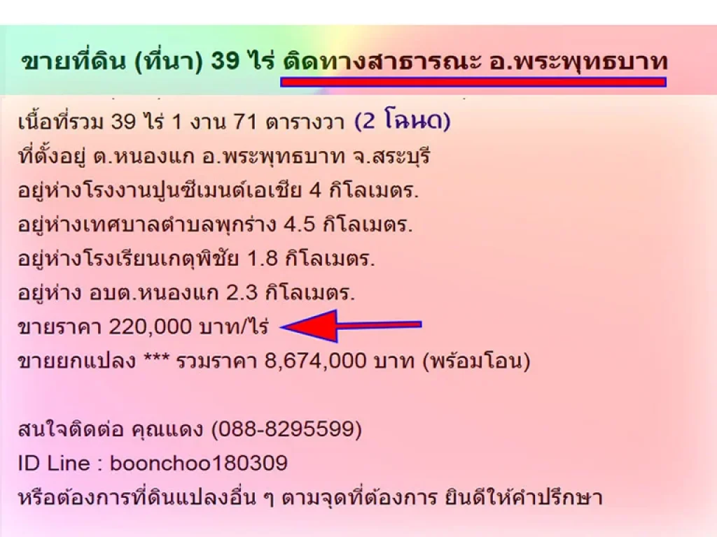 ขายที่ดิน ที่นา 39 ไร่ ติดทางสาธารณะ อพระพุทธบาท