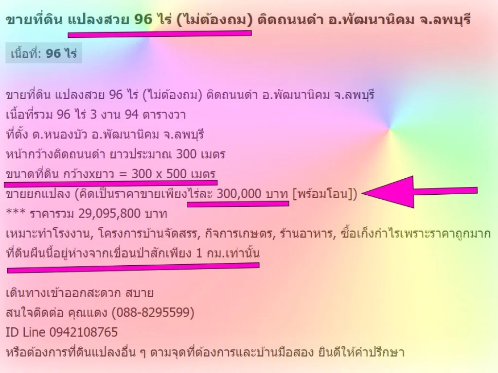 ขายที่ดิน แปลงสวย 96 ไร่ ไม่ต้องถม ติดถนนดำ อพัฒนานิคม จลพบุรี