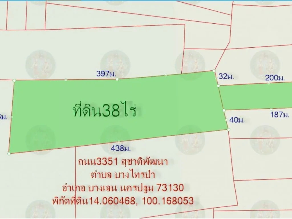 ที่ดิน38ไร่ หน้ากว้าง53มติดถนน3351 บางเลน-บางหลวง กม15 ตบางไทรป่า อบางเลน นครปฐม